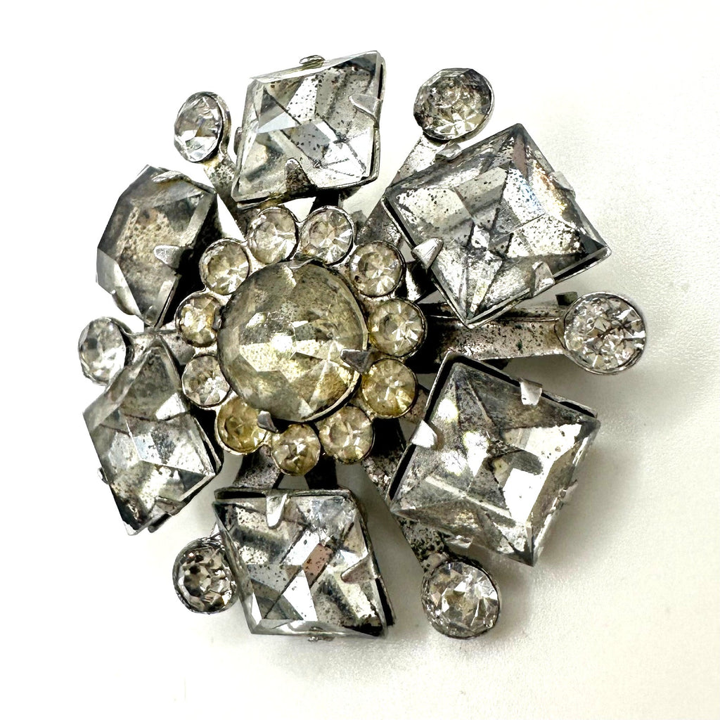 Vintage 1940s 1950s silver tone clear glass rhinestones brooch pendant 1.25"