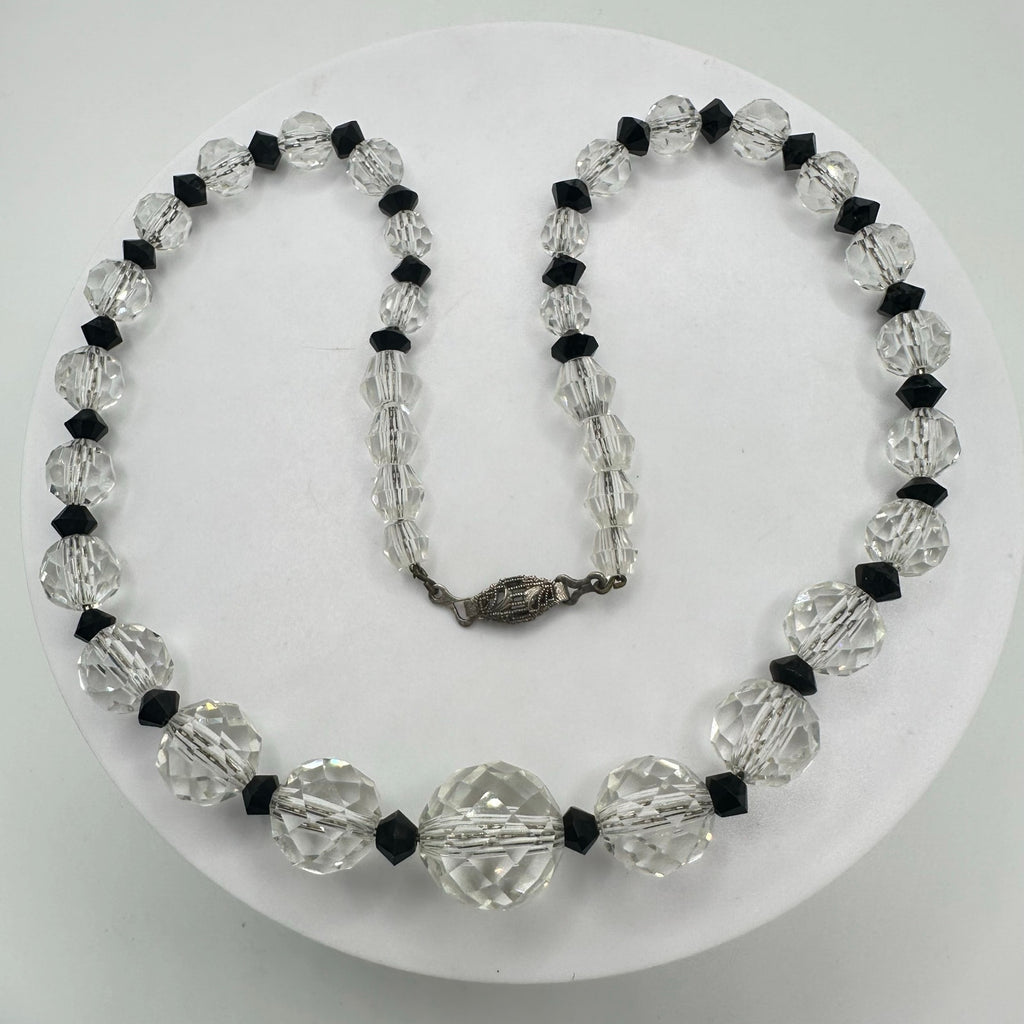 Antique Art Deco 1930s clear black Czech glass beads beaded graduated necklace
