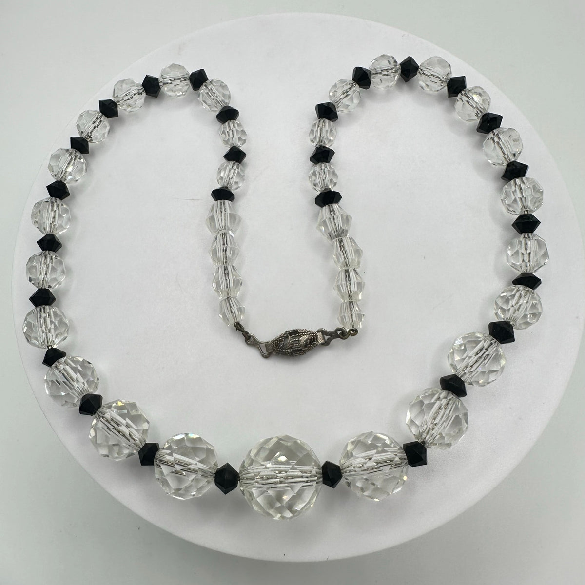 Antique Art Deco 1930s clear black Czech glass beads beaded graduated necklace