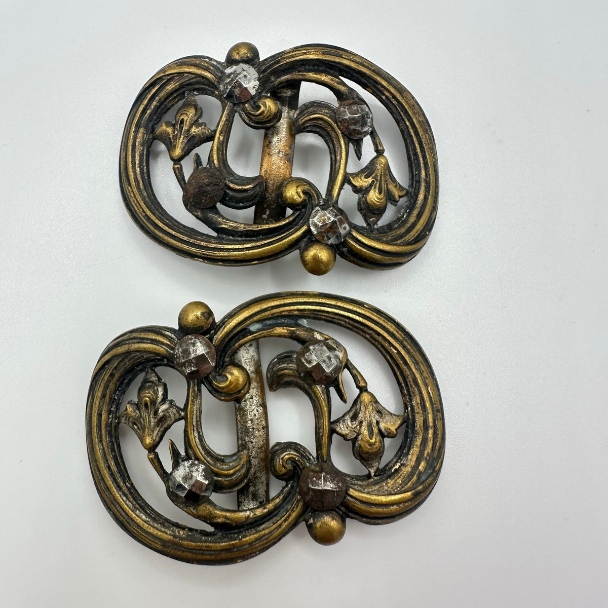 Antique Art Nouveau Victorian pair matching set brass floral cut steel buckles