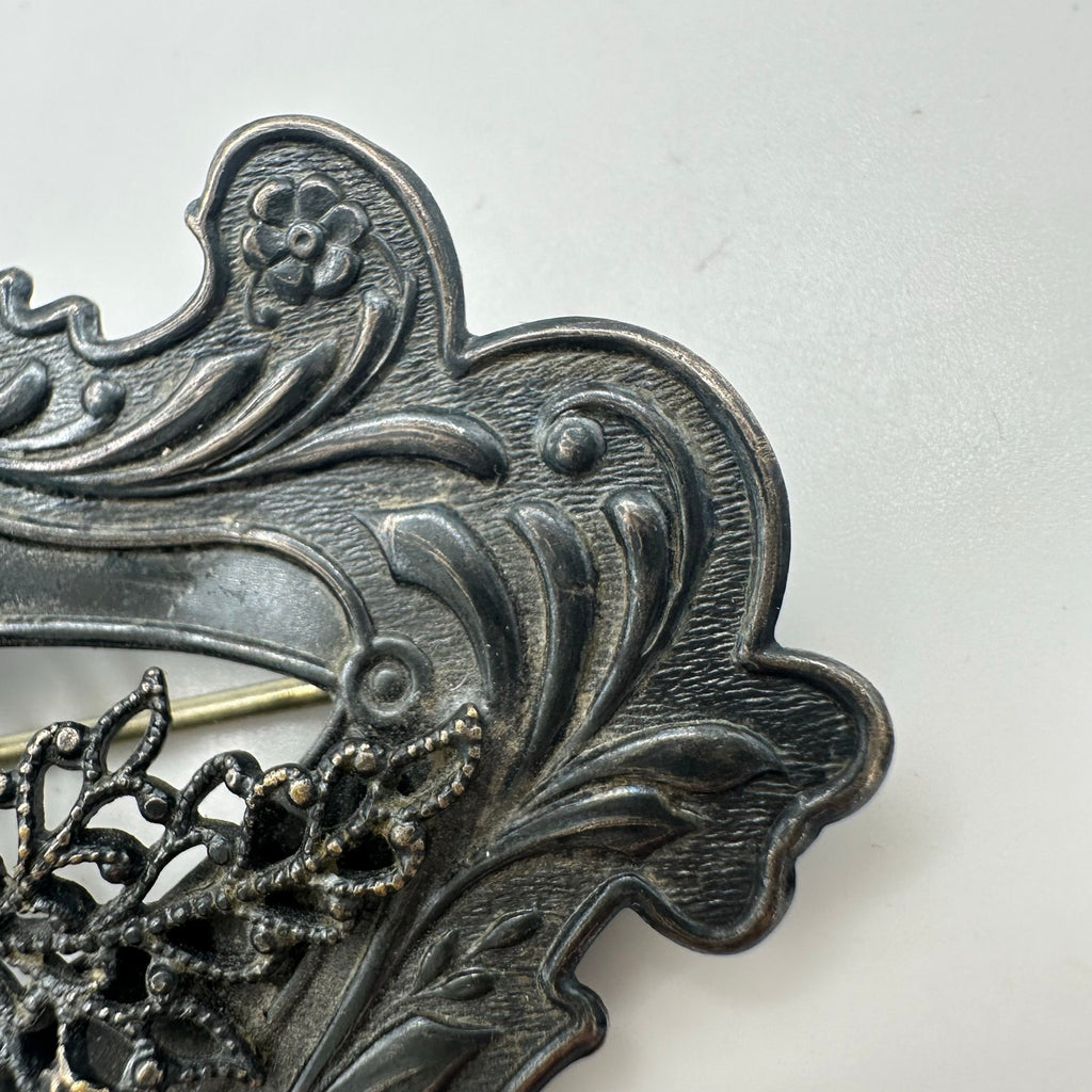 Antique 1900s Art Nouveau gilt silver brass purple rhinestone sash pin brooch