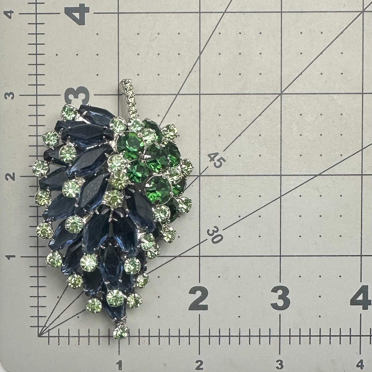 Juliana vintage book piece large silver tone blue green rhinestones leaf brooch