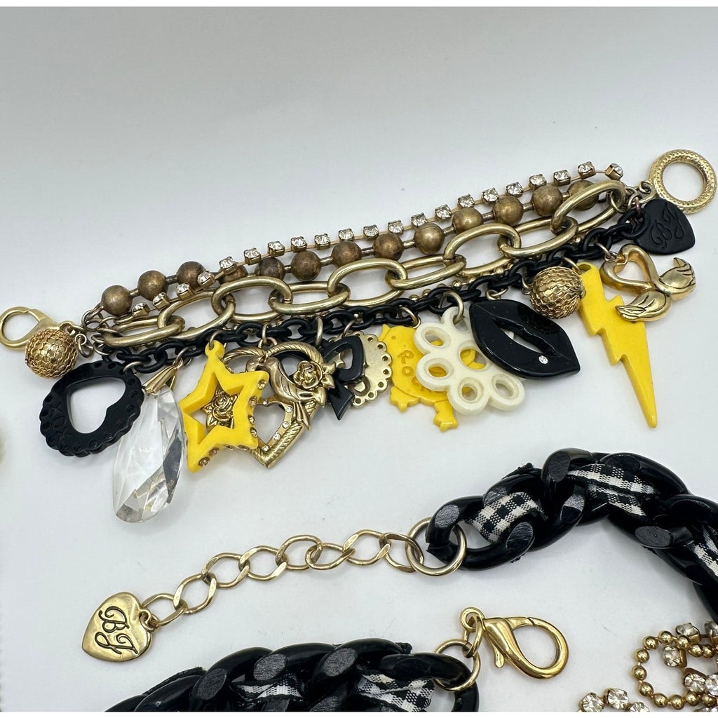 Betsey Johnson Rocker Chic gold tone charms necklace bracelet earrings set