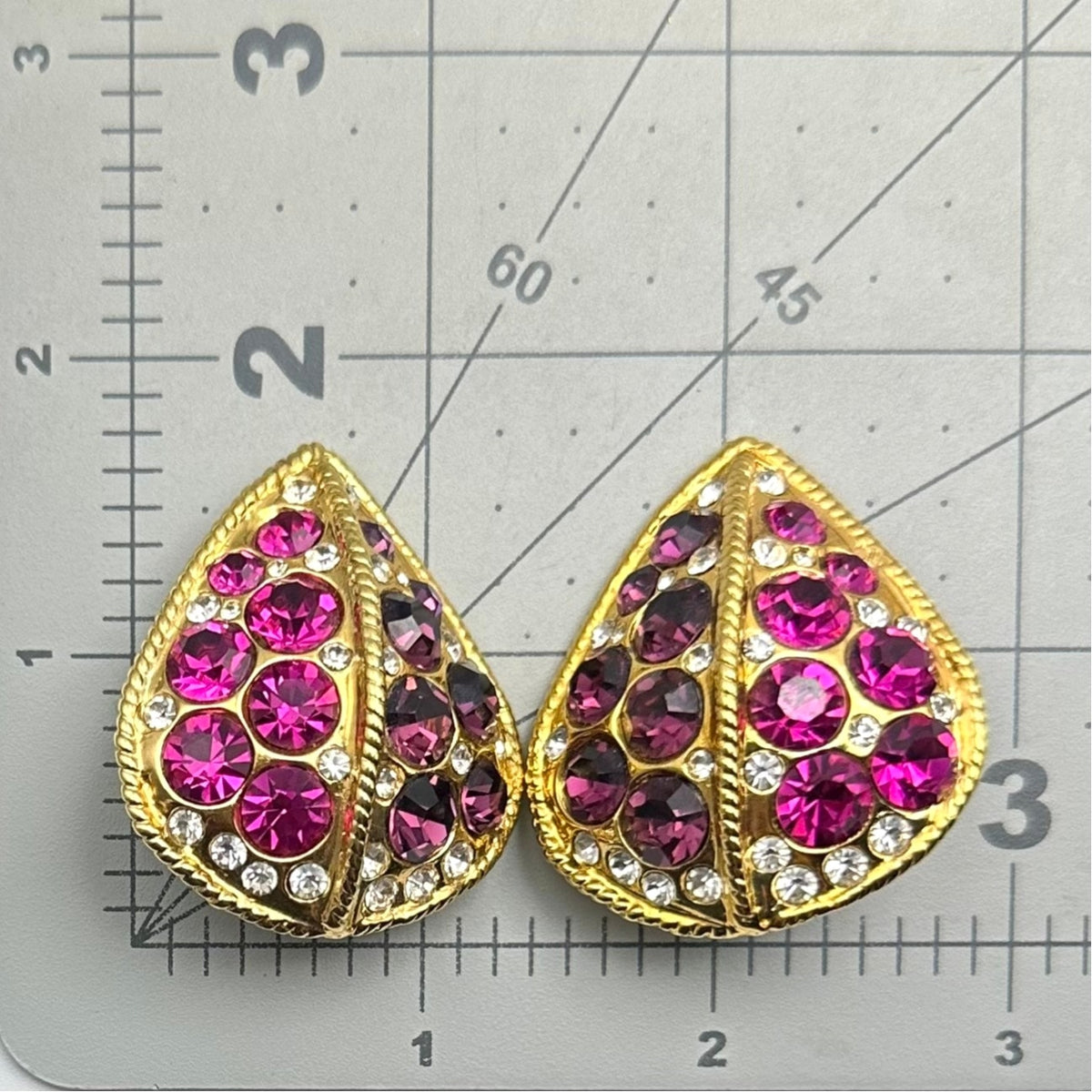 1980s vintage large gold tone pink purple clear rhinestones clip on earrings