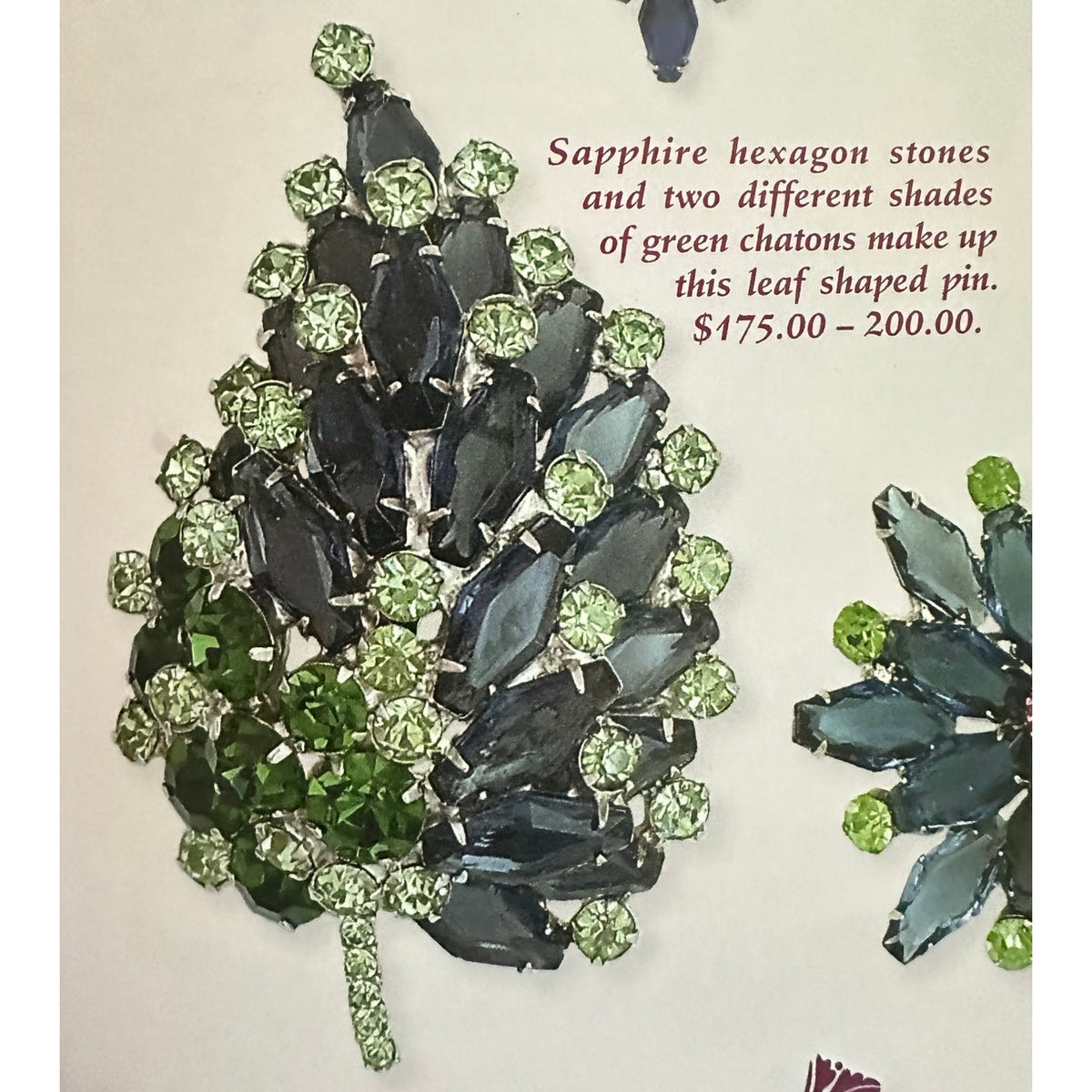 Juliana vintage book piece large silver tone blue green rhinestones leaf brooch