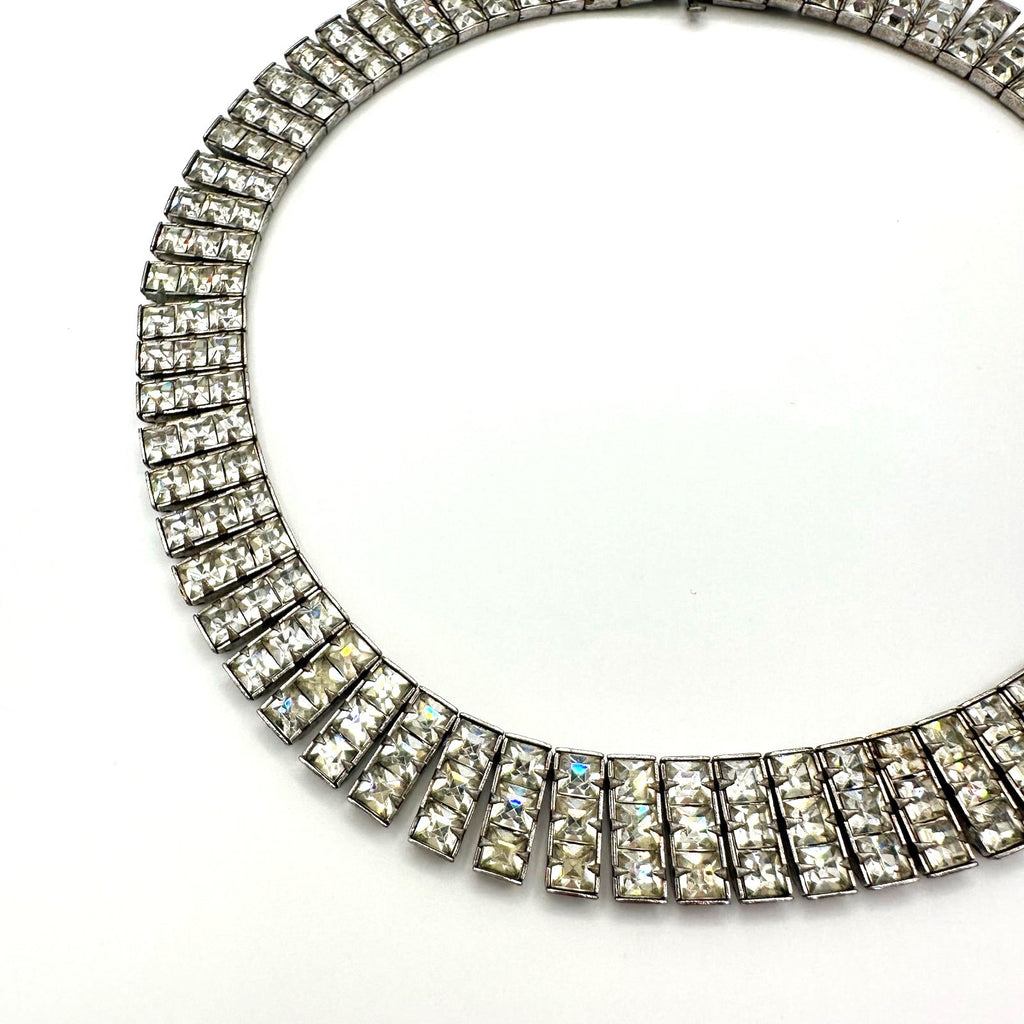 Antique Art Deco 1930s silver tone clear Czech glass rhinestones necklace