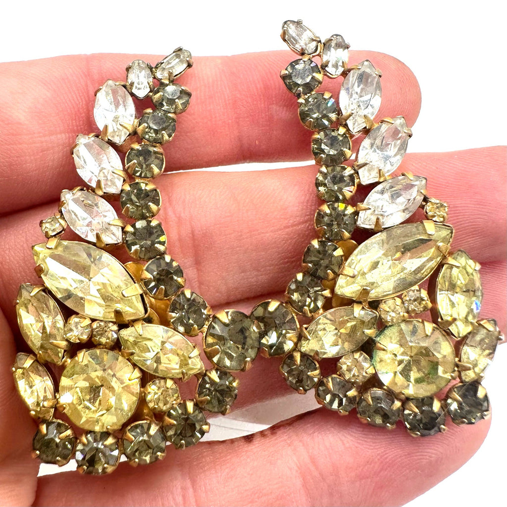Vintage gold tone yellow smoky gray clear rhinestones crawler clip on earrings