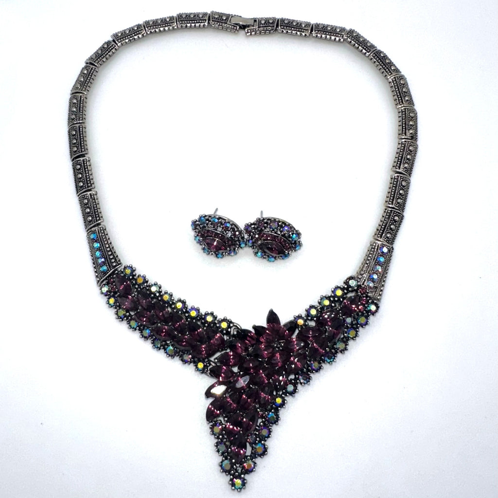 Modern fashion silver tone purple aurora borealis rhinestones necklace earrings