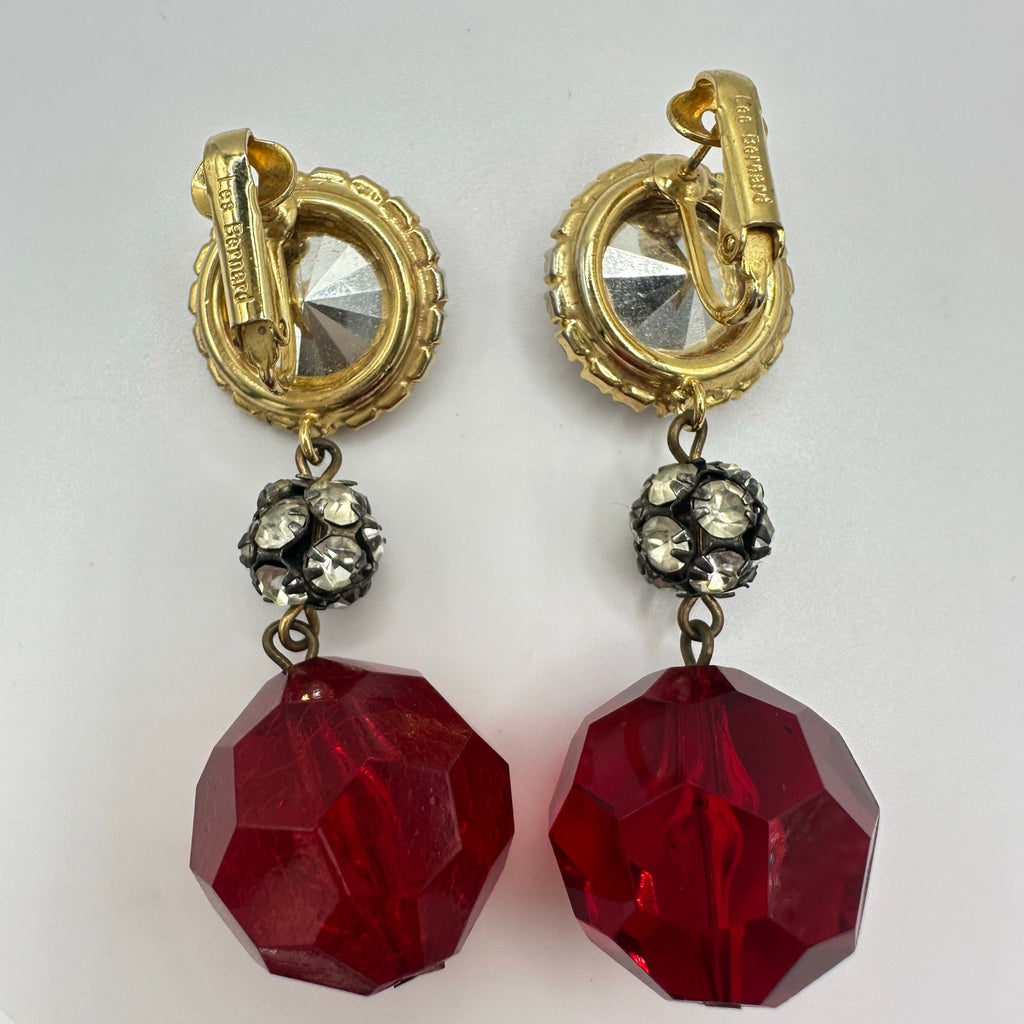 Les Bernard vintage gold tone red lucite rhinestone posts dangle drop earrings