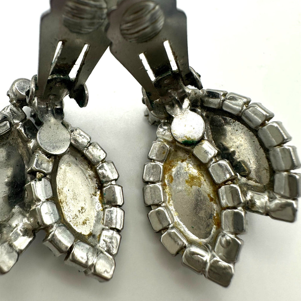 Weiss signed vintage silver tone blue rhinestones white enamel clip on earrings