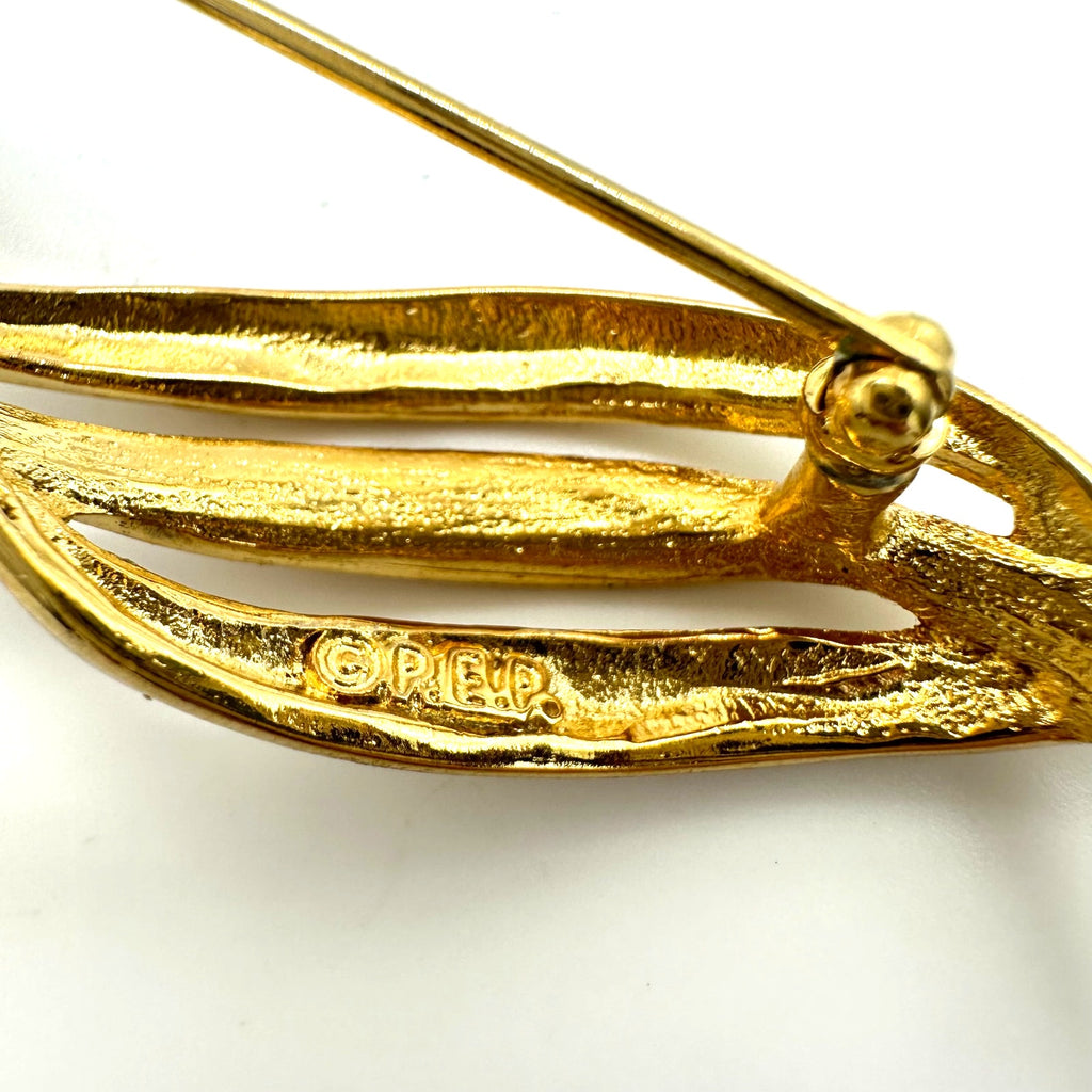 Erwin Pearl vintage gold tone white enamel clear rhinestones 4.5” bar pin brooch