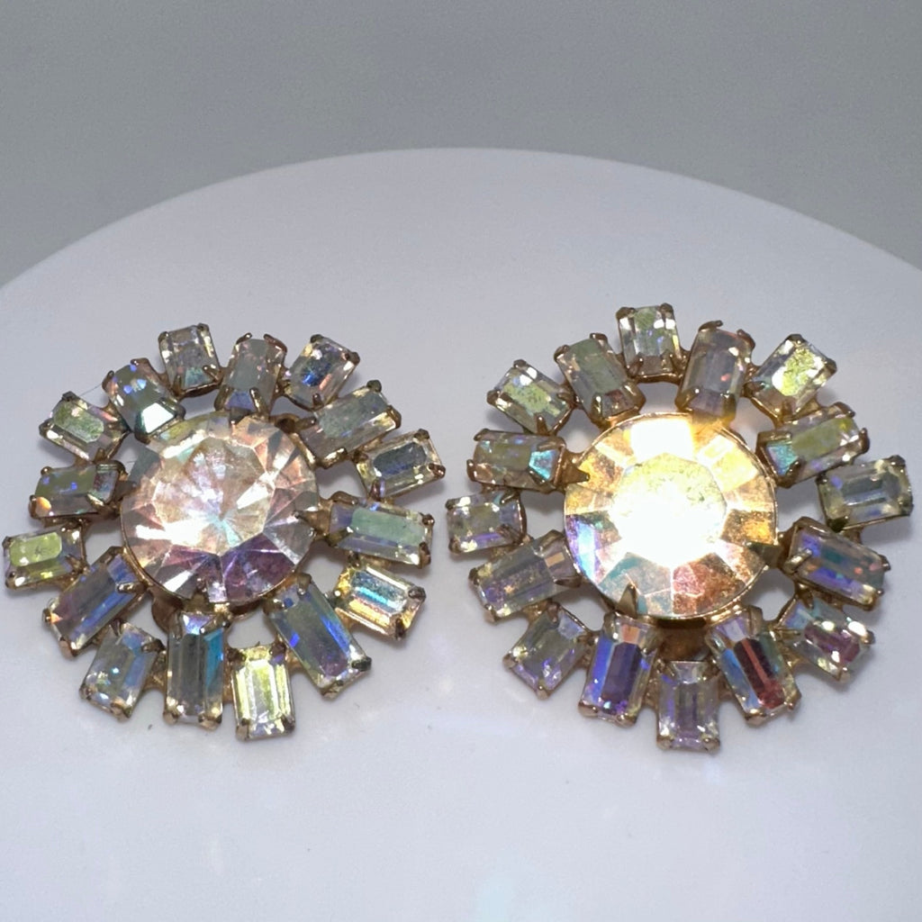 1950s vintage gold tone aurora borealis AB glass rhinestones clip on earrings