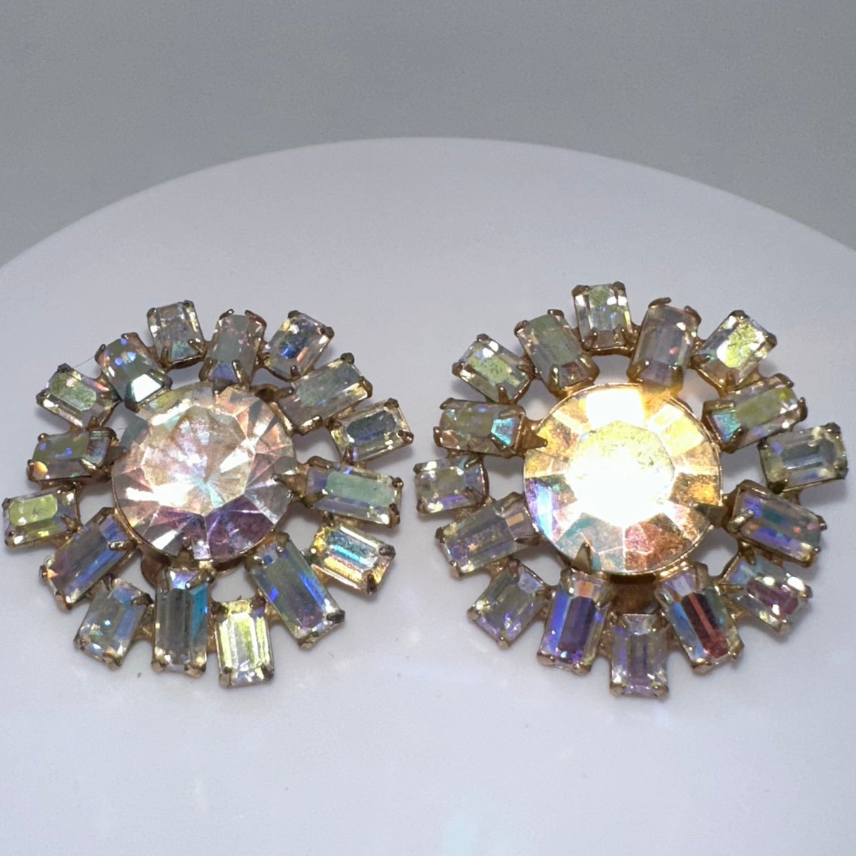 1950s vintage gold tone aurora borealis AB glass rhinestones clip on earrings