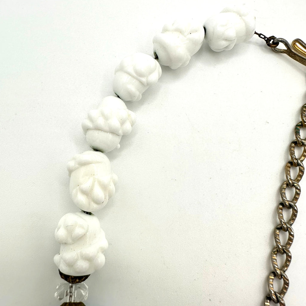 Vintage 1940s white milk art glass blue pink lampwork gold tone beaded necklace