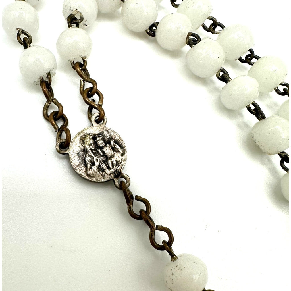 Vintage silver plated white milk glass beads beaded Catholic rosary necklace