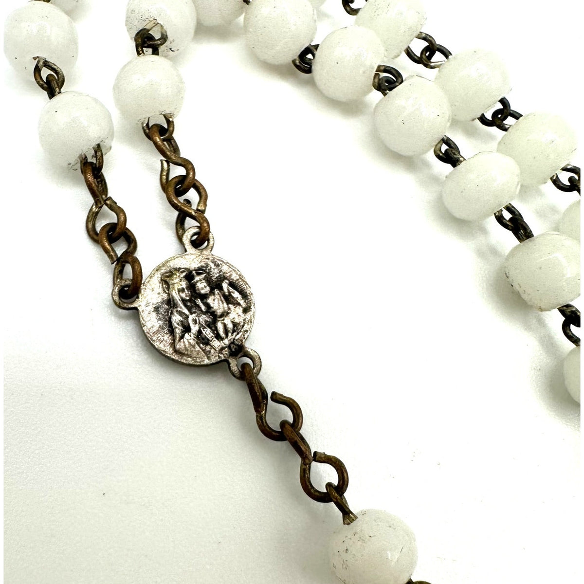 Vintage silver plated white milk glass beads beaded Catholic rosary necklace