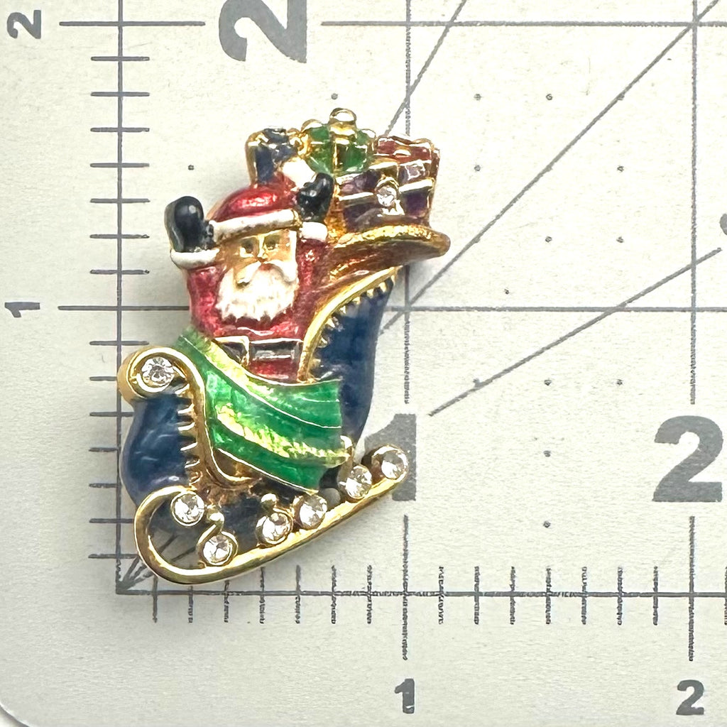 Christopher Radko vintage gold tone enamel Christmas Santa Claus sleigh brooch