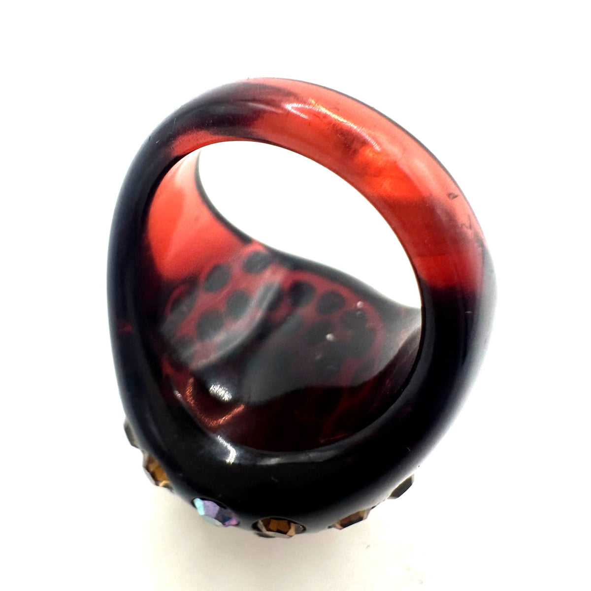 Vintage black cherry red lucite brown root beer AB rhinestones domed ring 6.5