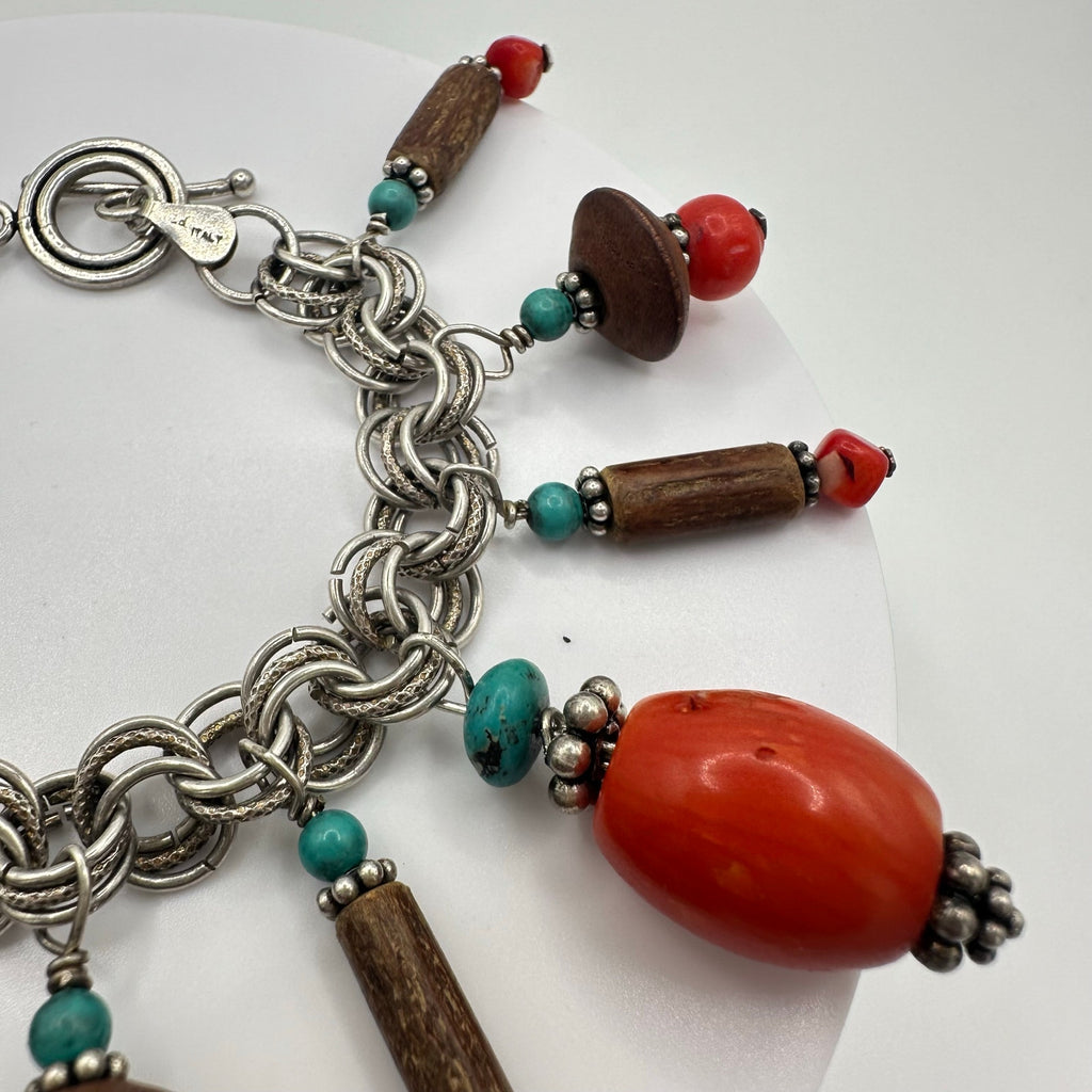 Southwestern 925 sterling silver genuine red coral turquoise charms bracelet