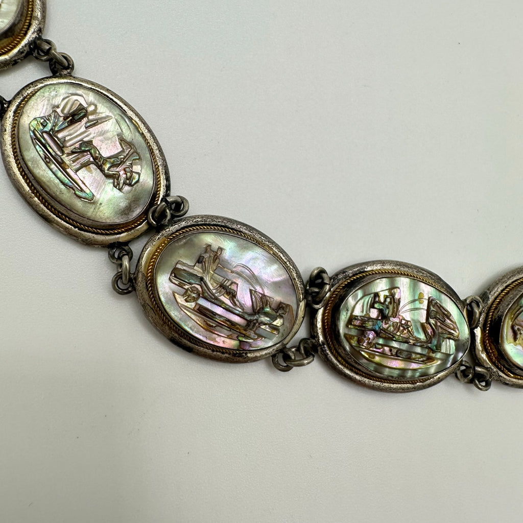 Vintage 800 silver carved genuine abalone shell cameos panel 7.25" bracelet