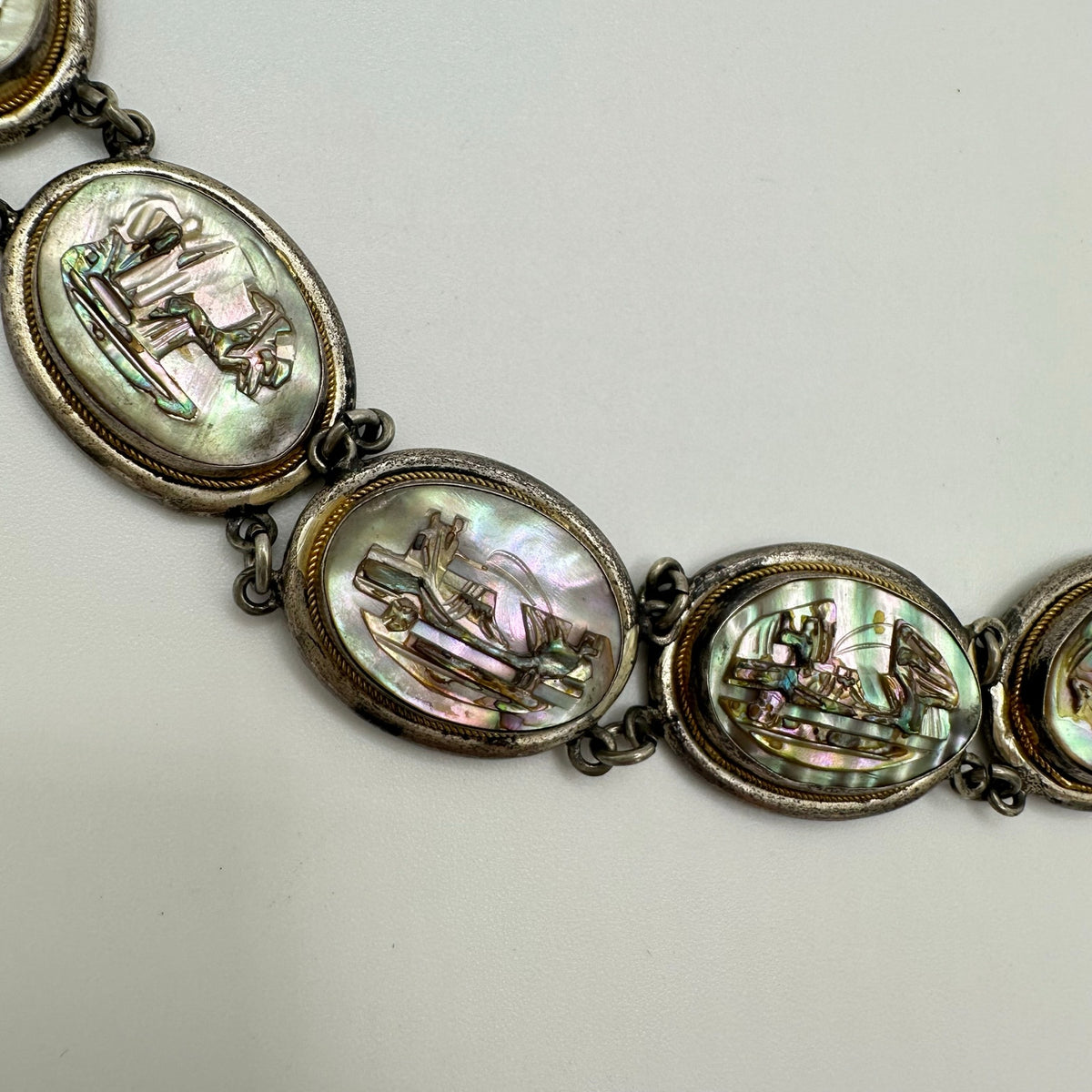 Vintage 800 silver carved genuine abalone shell cameos panel 7.25" bracelet