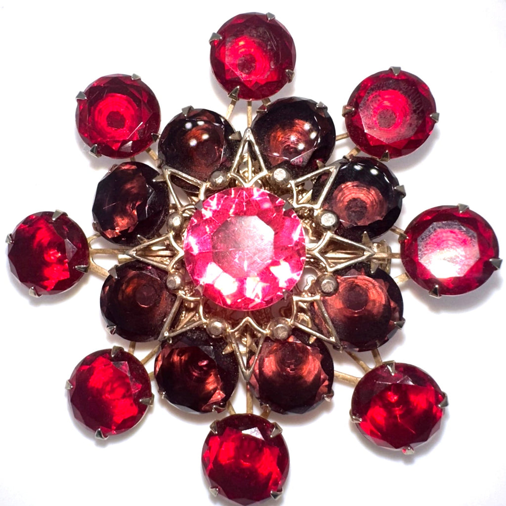 Vintage gold tone red pink purple UV cadmium glass rhinestones large brooch