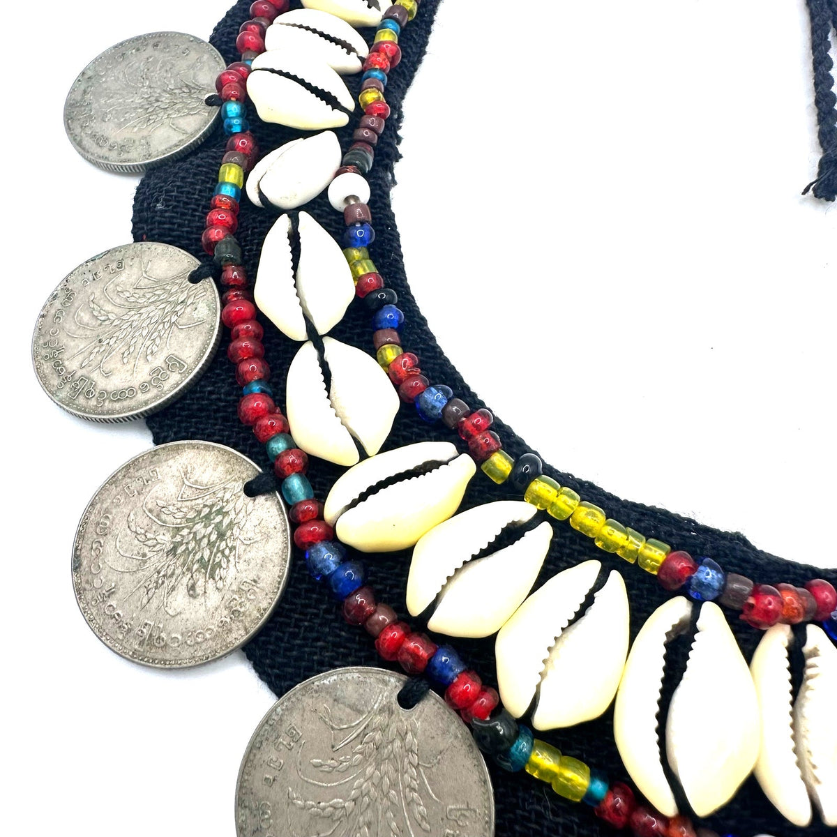 Vintage real Burmese coins beaded cowrie shells black bib statement necklace
