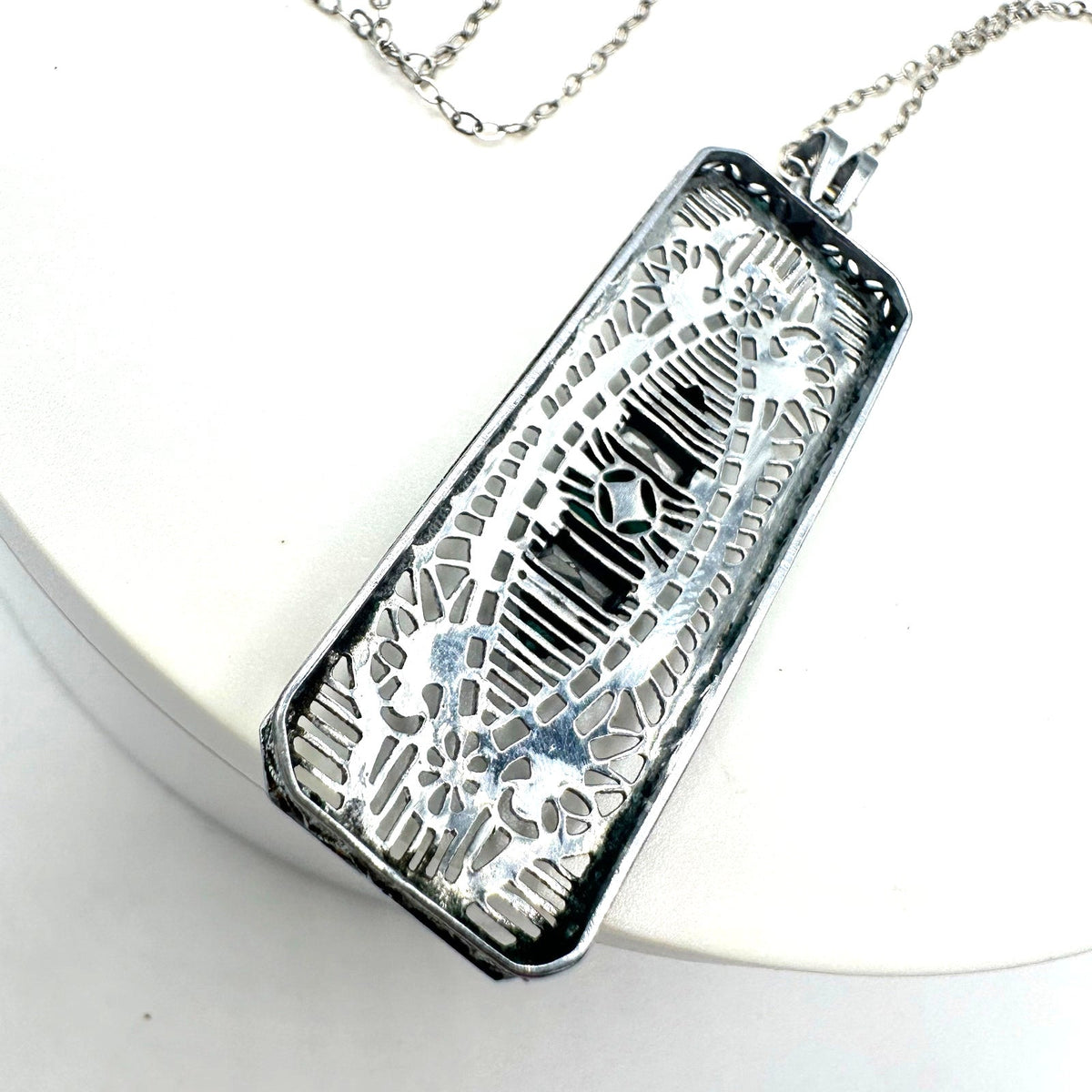 Antique Art Deco rhodium plated Czech glass filigree pendant sterling necklace