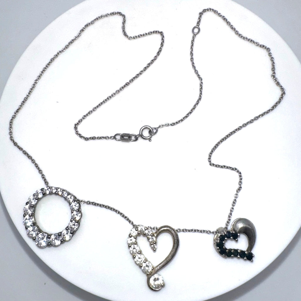 Vintage 925 sterling silver 3 cubic zirconia sapphire pendants chain necklace