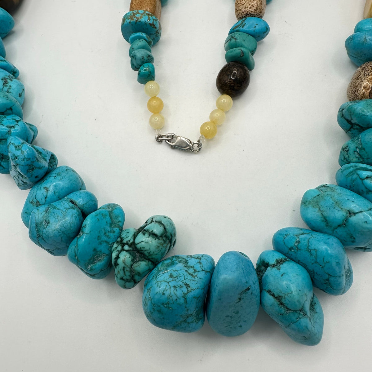 Turquoise tiger’s eye agate beaded sterling silver 30” statement necklace 331g