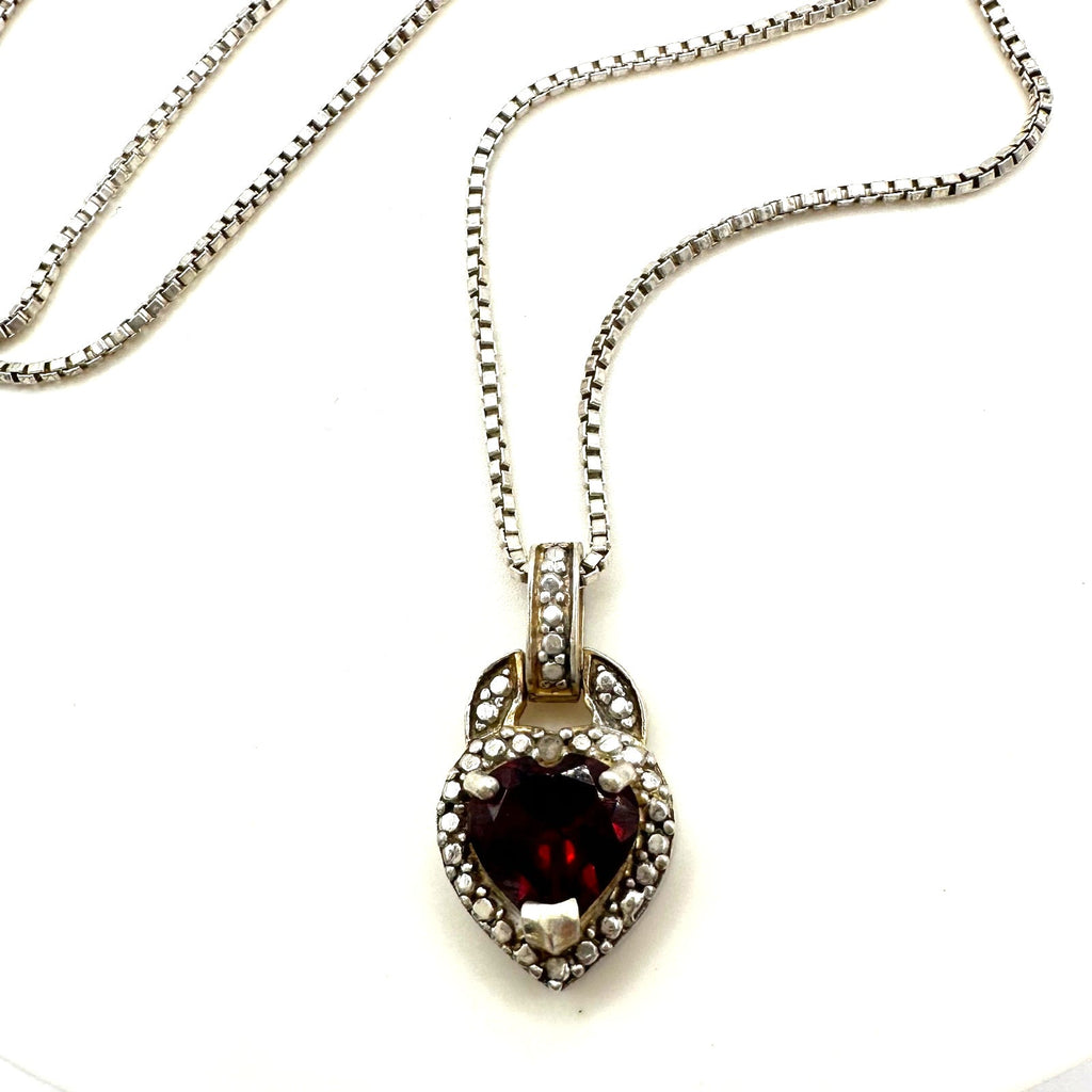 FAS Thai 925 sterling silver real garnet heart pendant 20" box chain necklace