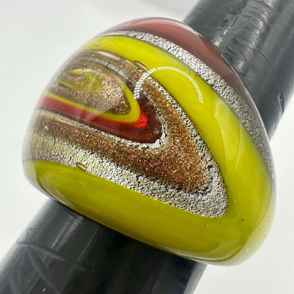Vintage hand blown swirled red yellow black silver gold glitter art glass ring 9