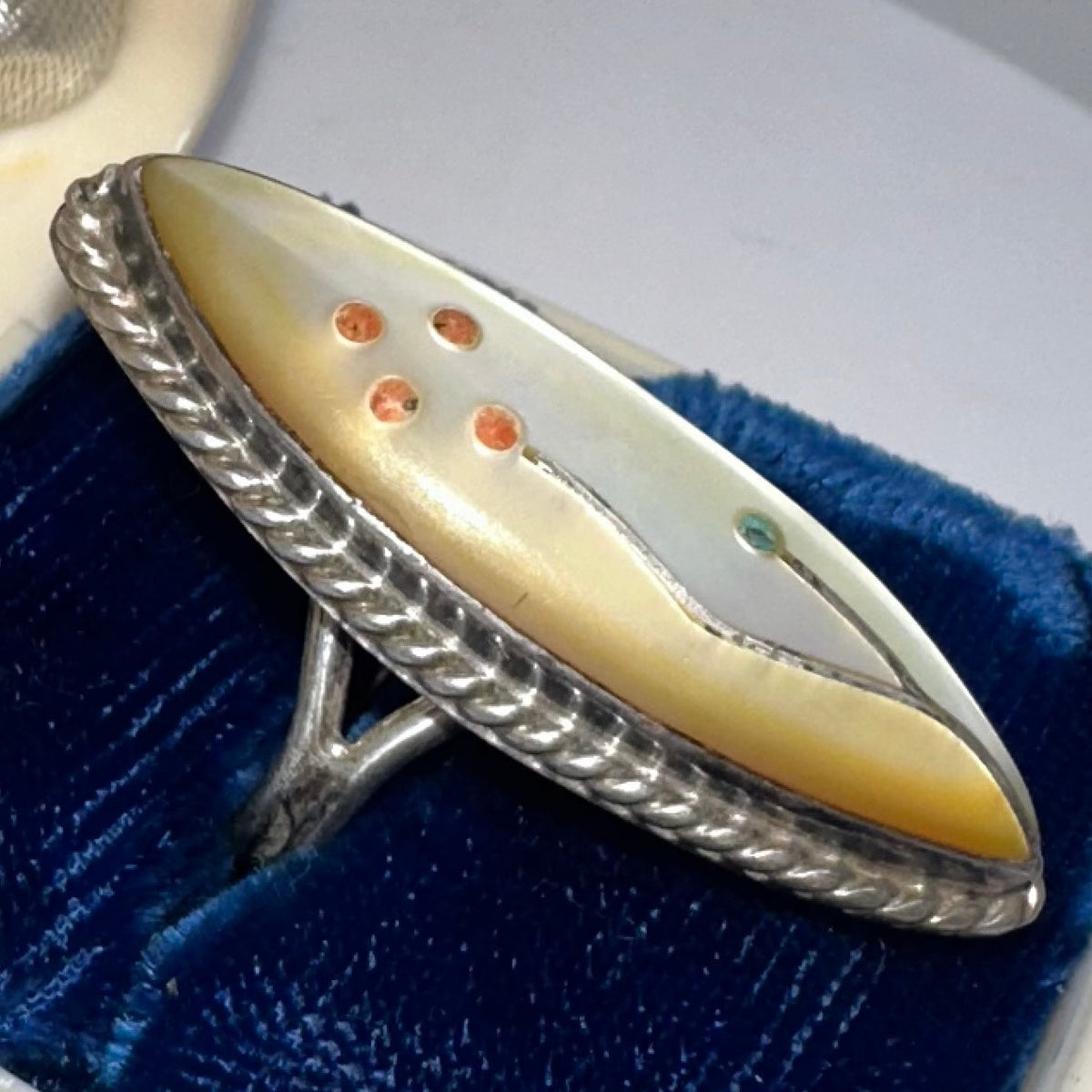 Zuni Native American sterling silver mother of pearl coral turquoise inlay ring