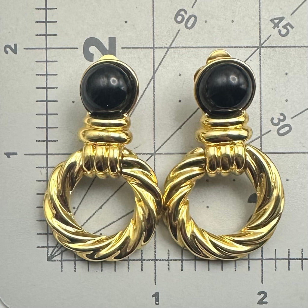 Replica signed vintage gold tone black lucite door knocker clip on earrings