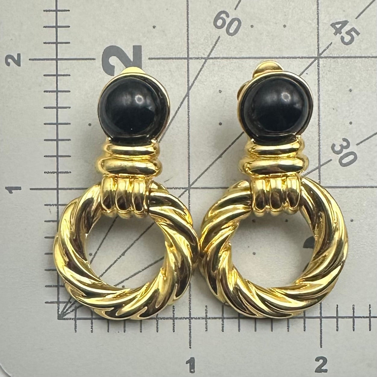 Replica signed vintage gold tone black lucite door knocker clip on earrings