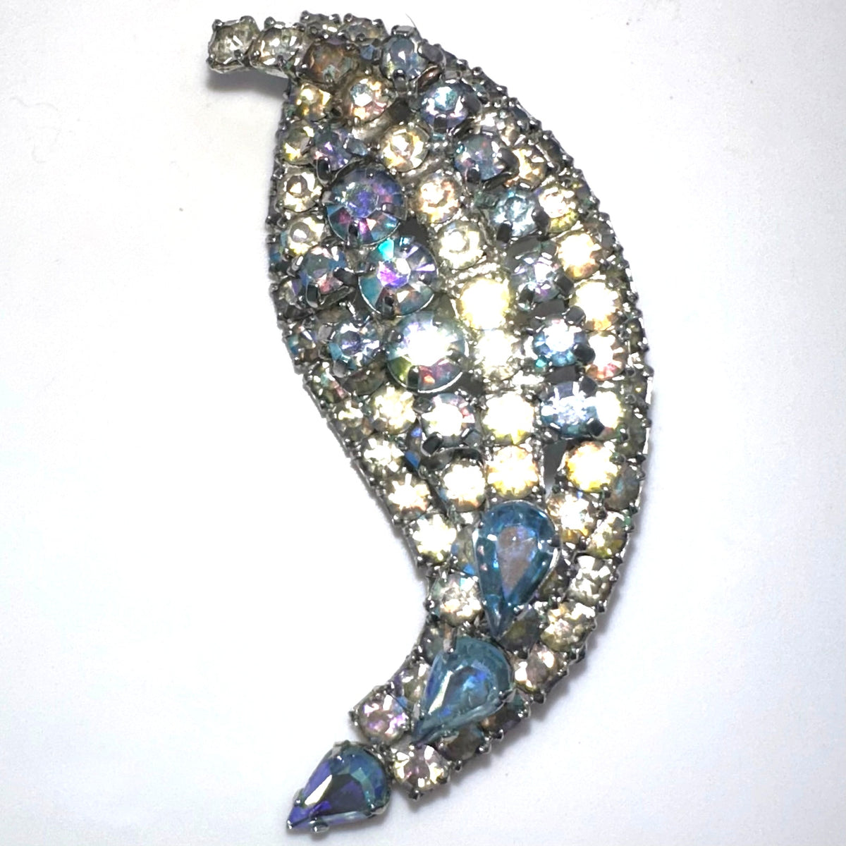 Jay Flex signed vintage sterling silver clear blue AB rhinestones paisley brooch