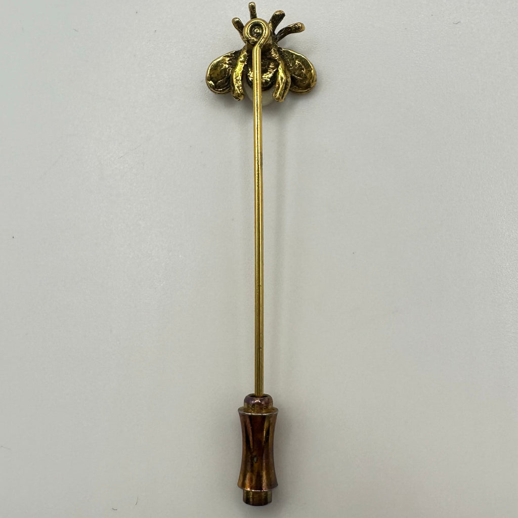 Vintage gold tone red green rhinestones faux pearl bumblebee stick pin brooch