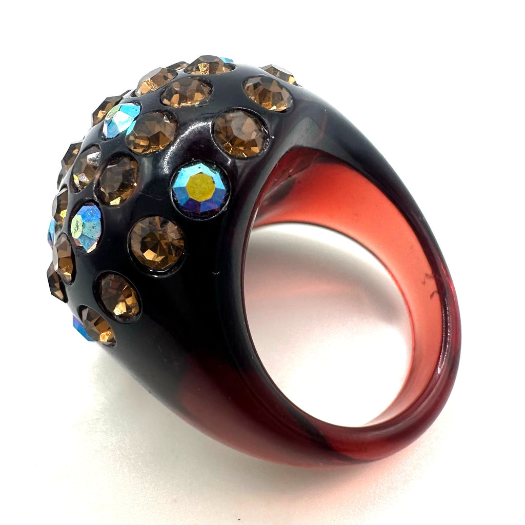 Vintage black cherry red lucite brown root beer AB rhinestones domed ring 6.5