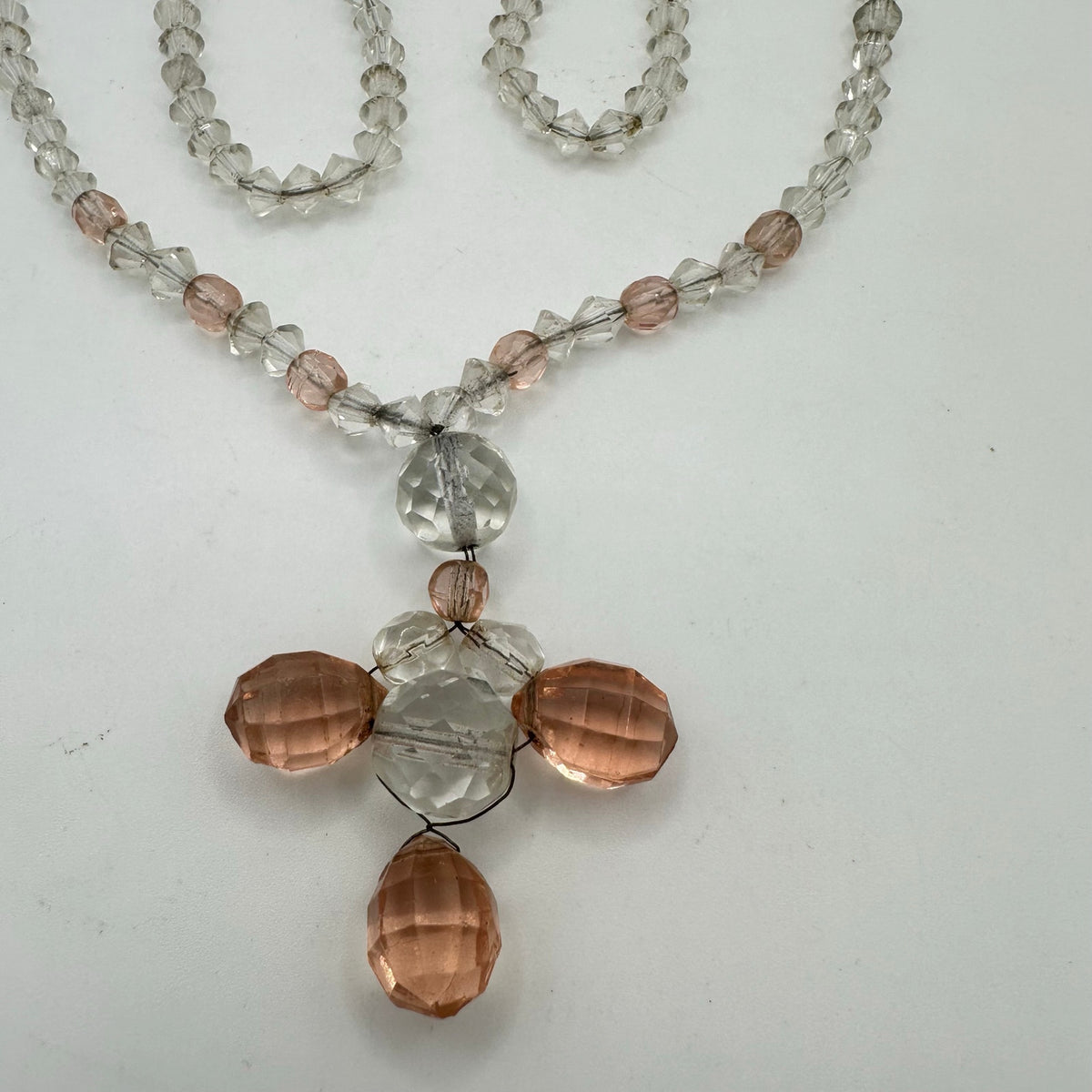Antique Art Deco 1930s clear peach Czech glass beads beaded graduated necklace