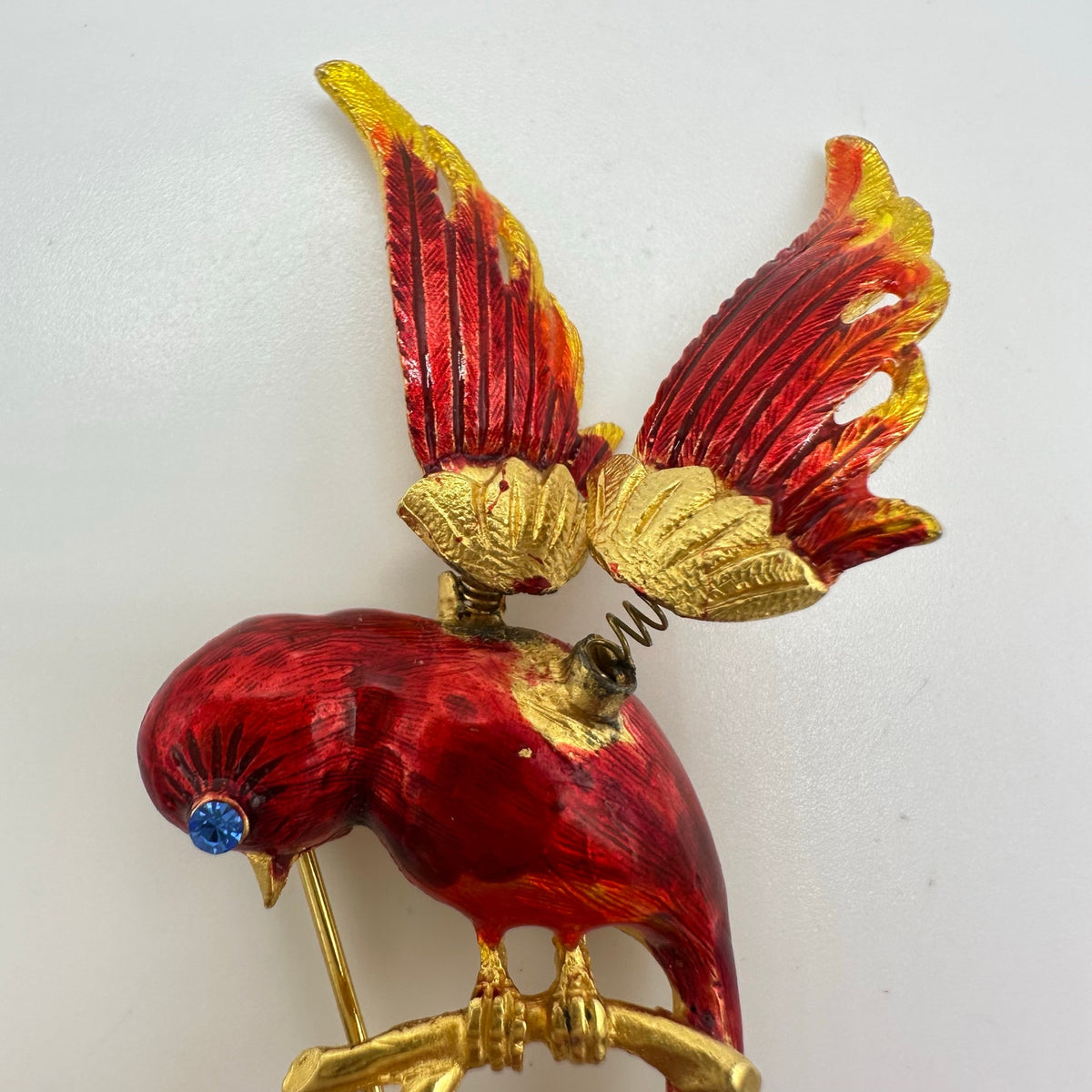 Vintage gold tone trembler en tremblant red enamel phoenix bird brooch