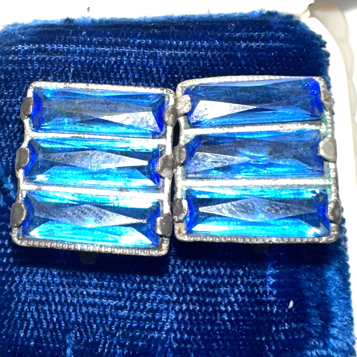 Antique Art Deco blue Vauxhall Czech glass rhinestones brass screw back earrings