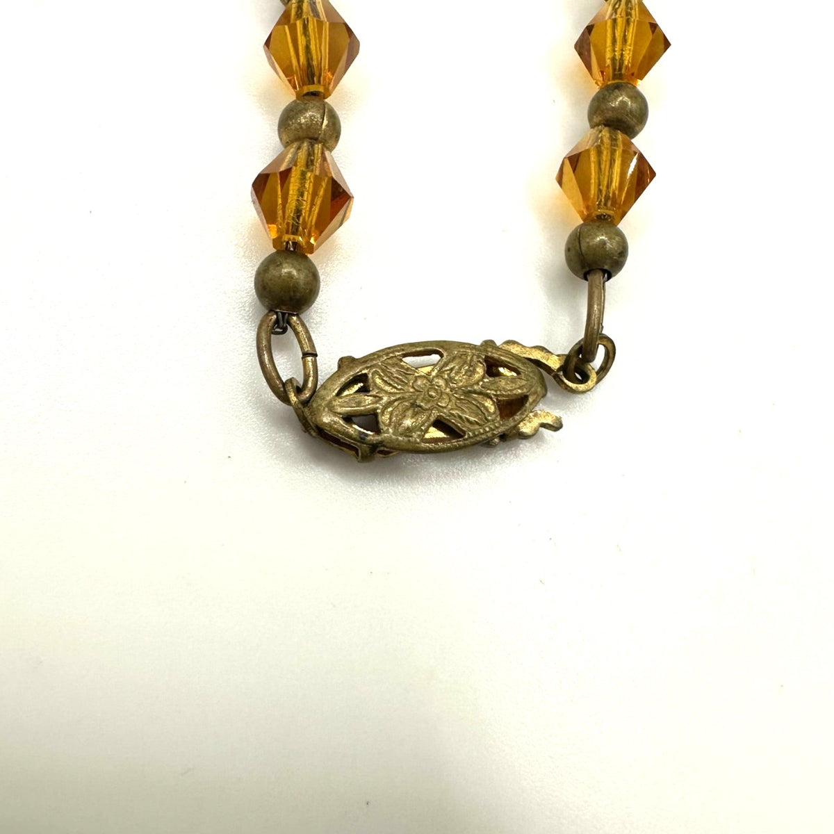 Antique Art Deco amber topaz Czech glass rondelles beaded 16” chain necklace