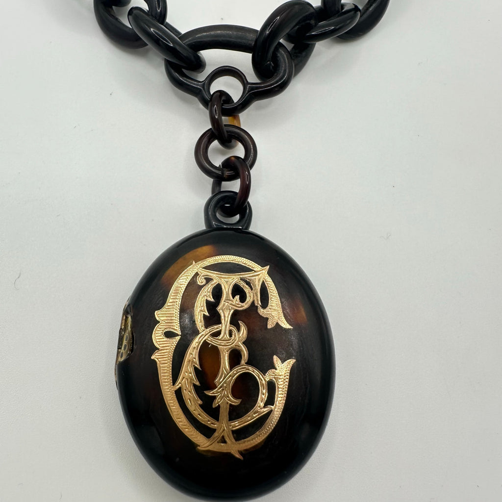 Antique Victorian 1800s Pique "faux" tortoise shell 14kt gold inlay locket chain