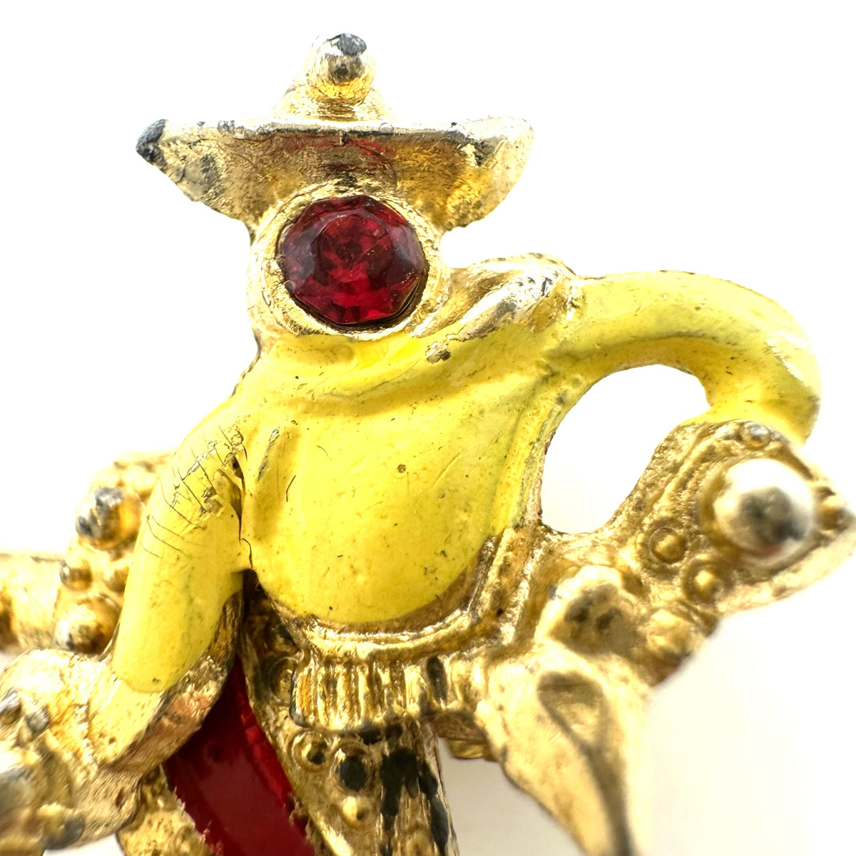 1940s vintage retro gold tone rhinestone enamel articulated figural brooch