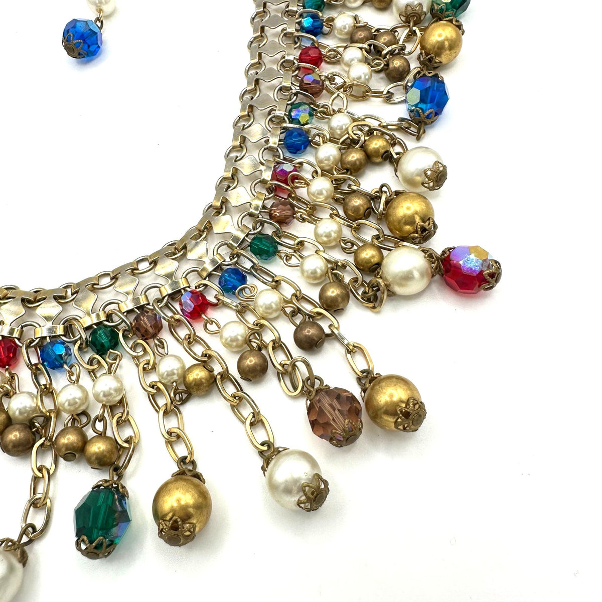 Alice Caviness vintage gold tone AB glass faux pearls beaded fringe necklace