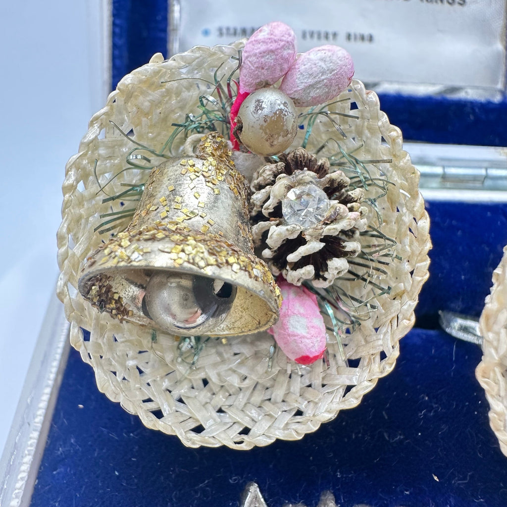 Japan vintage woven baskets pinecone bells berry beaded clip on earrings