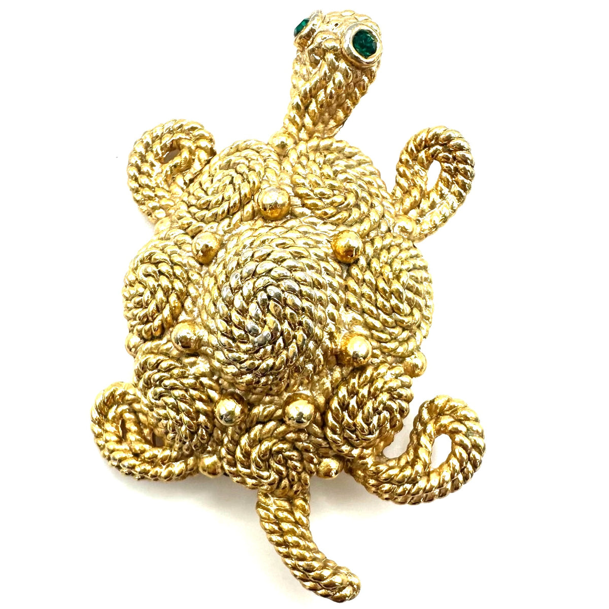 Napier vintage gold tone twisted rope green rhinestones turtle figural brooch