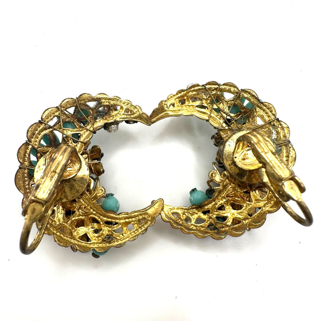 Vintage gold tone turquoise beaded rhinestones crescent moon clip on earrings