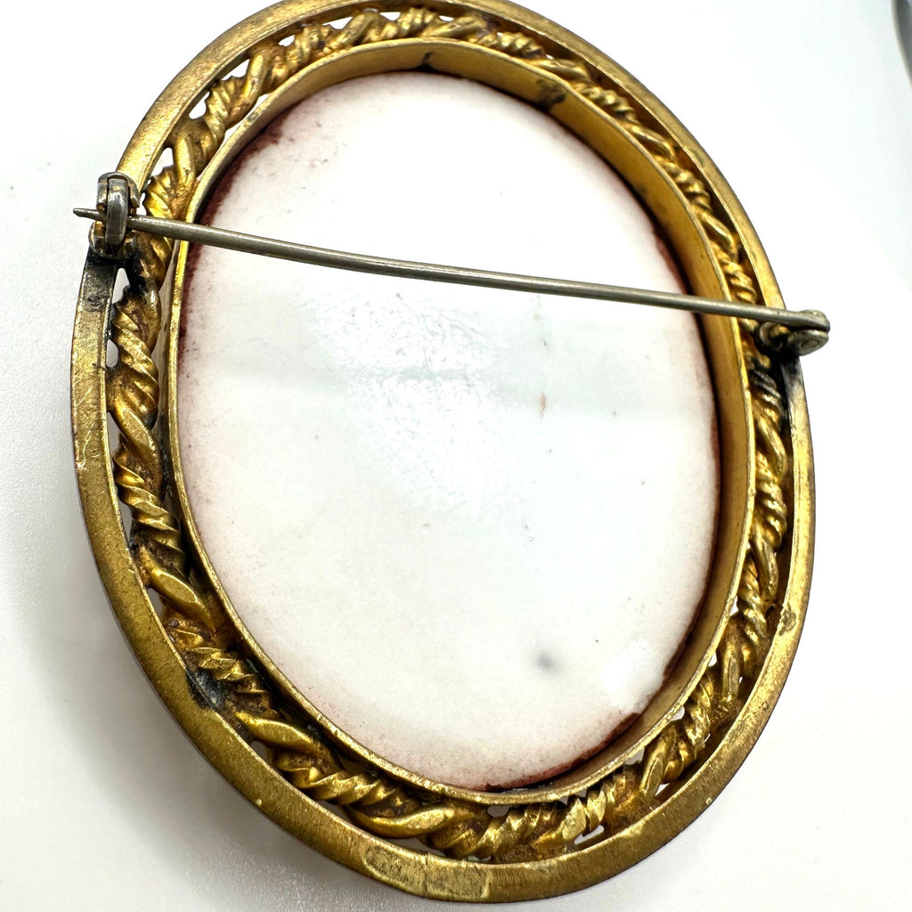 Antique Art Deco 1920s massive white pink porcelain cameo gold tone brooch