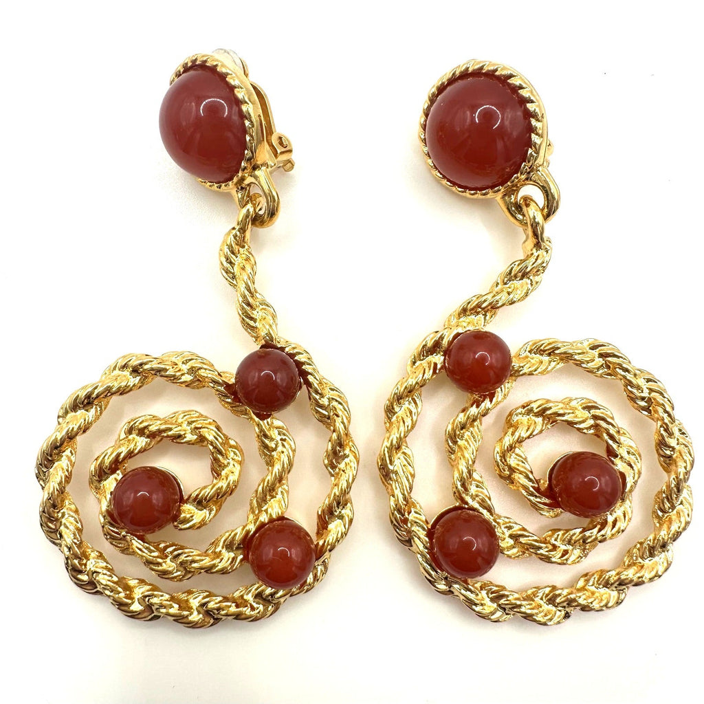 Avon vintage gold tone twisted rope red carnelian lucite dangle clip on earrings